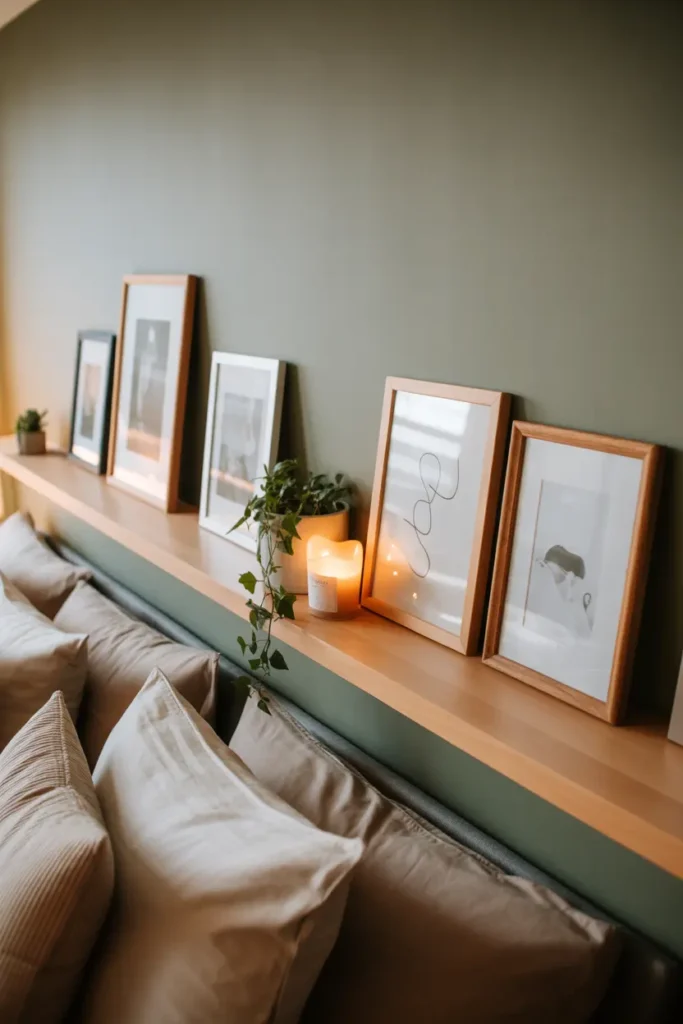 A cozy bedroom wall with many different sizes of framed black and white photos hanging together in a cluster above a grey bed.