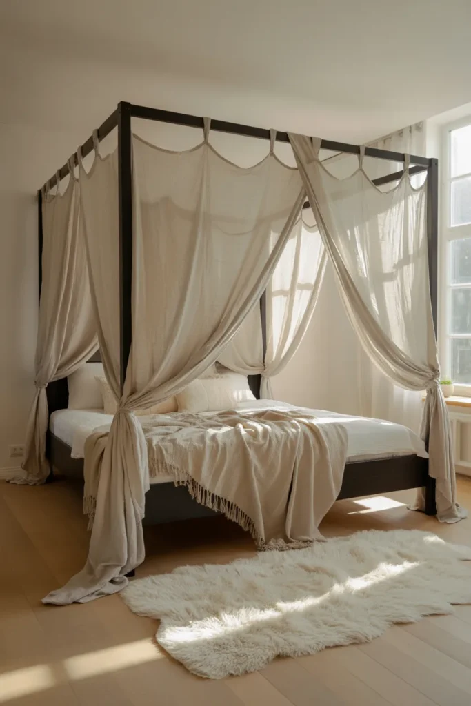 A romantic and airy bedroom featuring a minimalist black four-poster bed frame. Thin, translucent white muslin fabric is draped loosely over the top and sides, fluttering in a light breeze from an open window. Light oak floors, a large white shaggy rug, and plenty of natural sunlight. Dreamy, ethereal, and inviting mood with a wide-angle perspective.