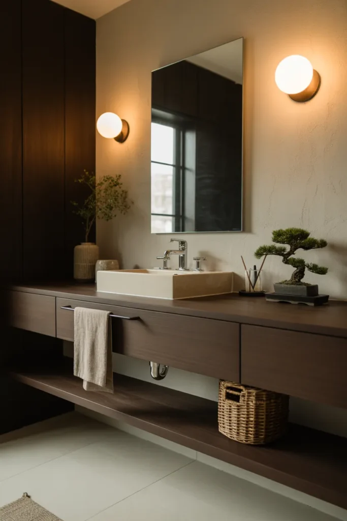 Japandi bathroom with a dark wood floating vanity, warm ambient wall sconces, black, walnut, cream, and stone palette, rectangular mirror, ceramic sink, linen hand towels, small bonsai plant, woven basket, textured plaster wall, peaceful refined mood, eye-level vanity shot, layered countertop styling with open floor spacing and realistic wood grain.