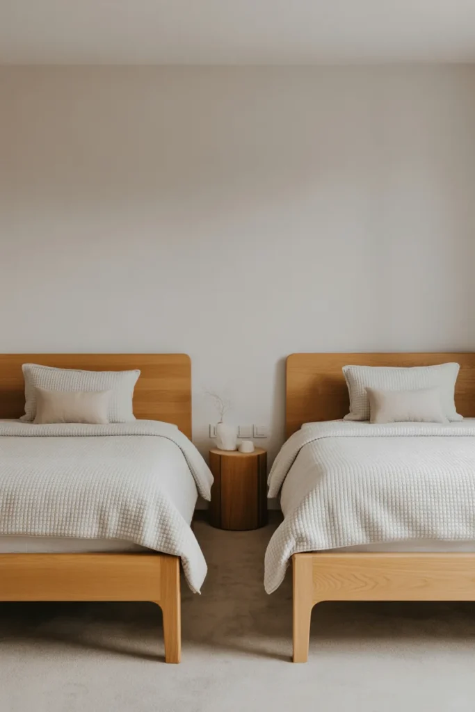 Two matching light oak wooden bed frames in a symmetrical twin bedroom with white bedding and minimalist decor