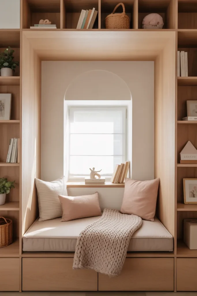A cozy built-in reading nook inside a kids bedroom styled in Scandinavian minimalist design. Soft natural light streams through a small arched window onto a cushioned bench with pastel linen pillows and a chunky knit throw. Pale oak wood surrounds the nook with bookshelves on both sides. Warm neutral tones of oat, blush, and white. Eye-level shot with styled books, a small plant, and a woven basket. Airy, calm, and editorial mood.