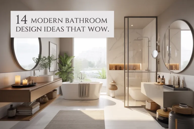 Modern bathroom design ideas featuring a freestanding bathtub, glass shower, wood vanity, marble tiles, plants, and warm lighting.