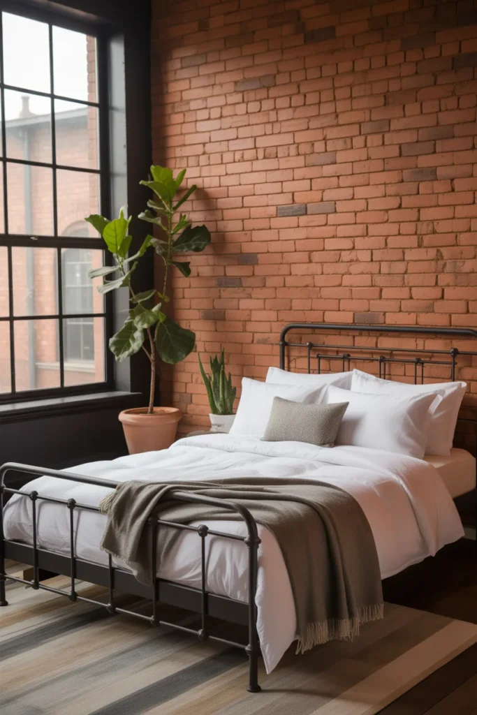  A warm Industrial-style bedroom with a beautiful original red brick wall behind the bed. A simple black iron bed frame is paired with crisp white cotton bedding and a grey wool throw. Large warehouse-style windows let in bright, natural light. A tall fiddle-leaf fig plant in a terracotta pot adds a pop of green. Urban, textured, and cozy vibe with an eye-level shot.