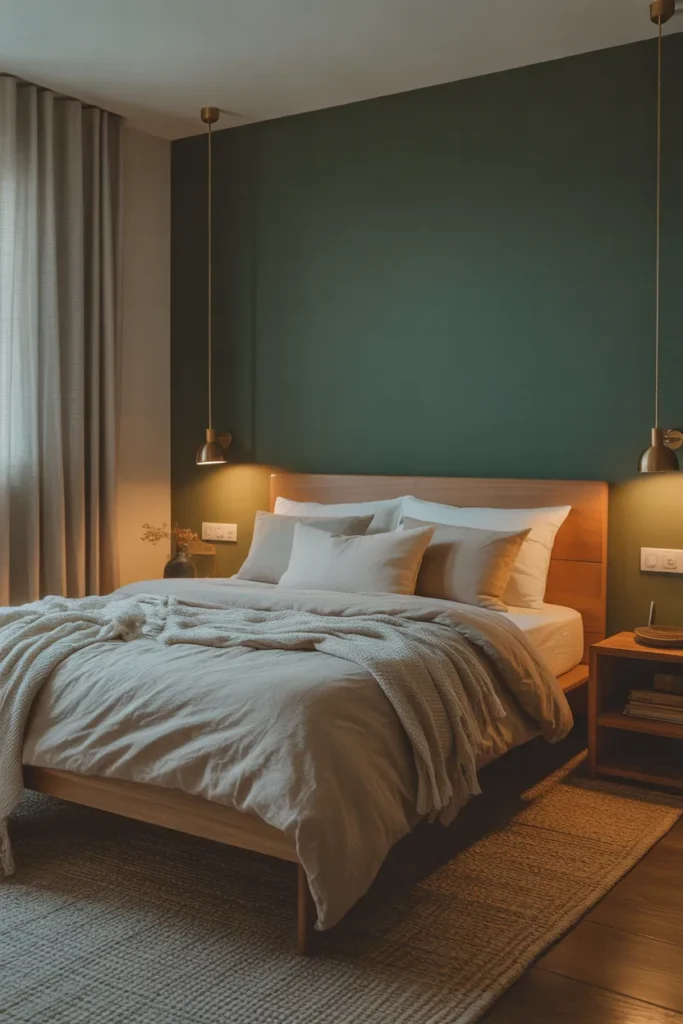 A bedroom with a deep forest green accent wall behind a wooden bed, soft linen bedding in neutral shades, and warm brass lighting casting a gentle glow.