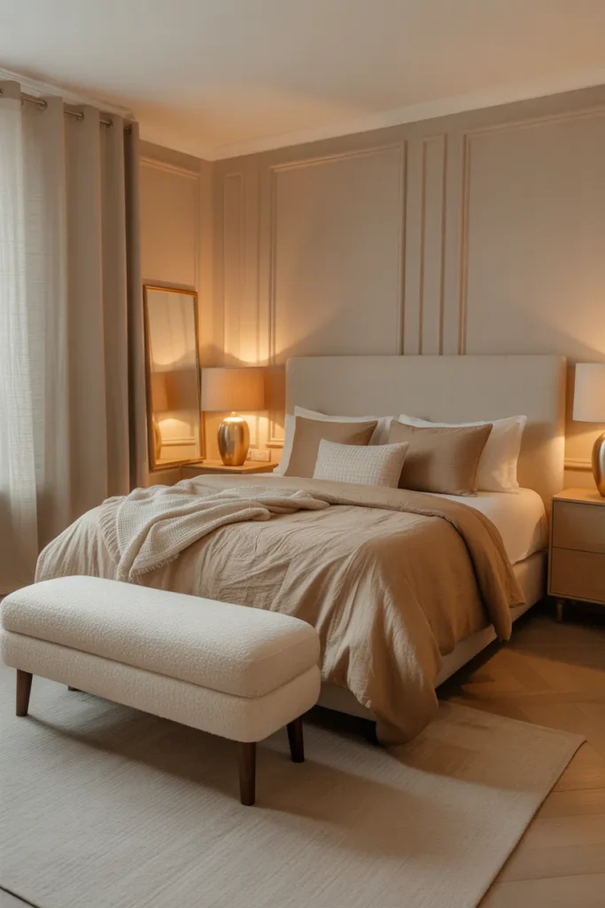 Soft luxury bedroom with a cream boucle bench at the foot of the bed, warm ambient lamp glow, neutral beige, ivory, caramel, and taupe palette, upholstered headboard, linen duvet, oak nightstands, brass mirror, textured curtains, wool rug, elegant cozy mood, wide front camera angle, layered bedding with a polished open layout.