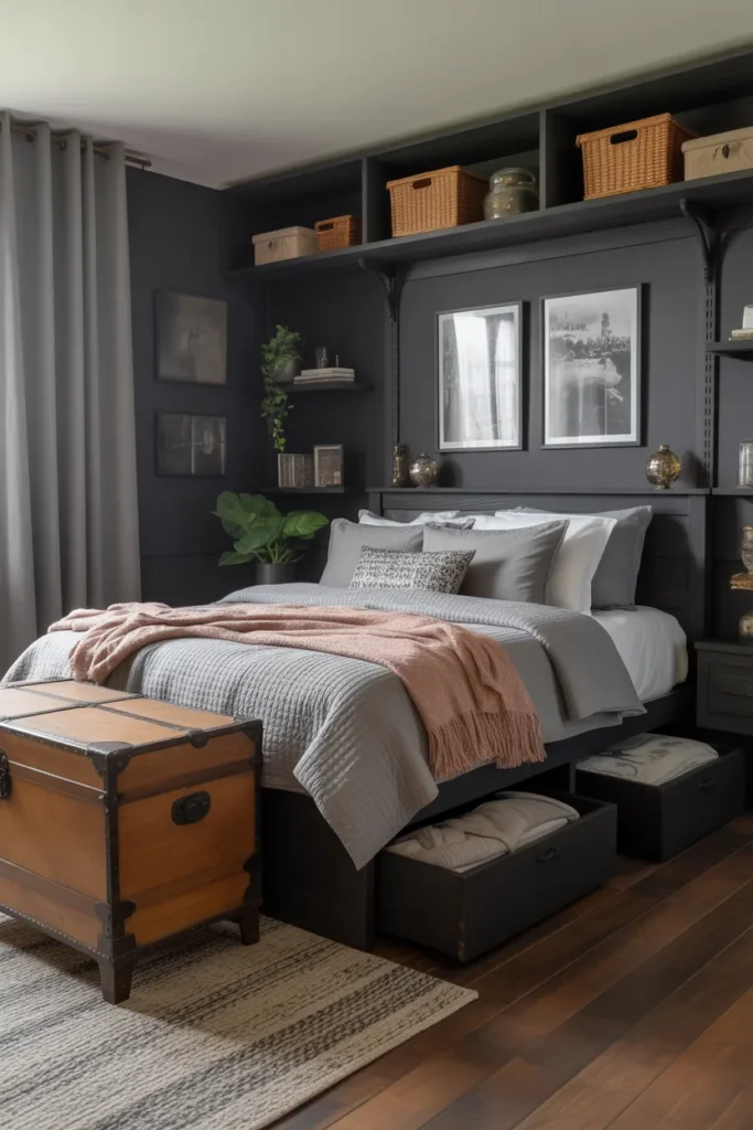 A dark-toned bedroom with a wooden trunk at the foot of the bed, decorative boxes on shelves, and under-bed drawers neatly storing extra blankets and pillows