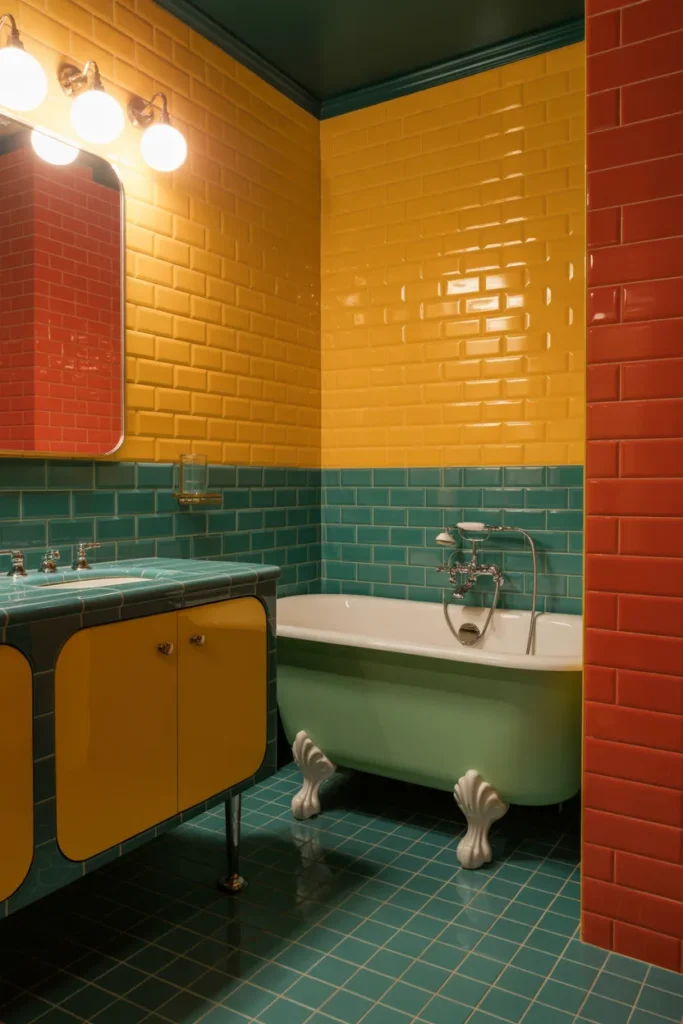 A retro-inspired bathroom that brings a playful vibe with bold colors and nostalgic design elements. The color palette features vibrant hues like mustard yellow, turquoise, and red, with glossy subway tiles and retro-patterned wallpaper. A freestanding tub in mint green sits alongside a vintage-style vanity with rounded edges and chrome fixtures. The room is illuminated by warm ambient light, which enhances the cheerful and lively atmosphere. The camera angle captures the playful energy of the space, focusing on the bold design and vibrant accents.