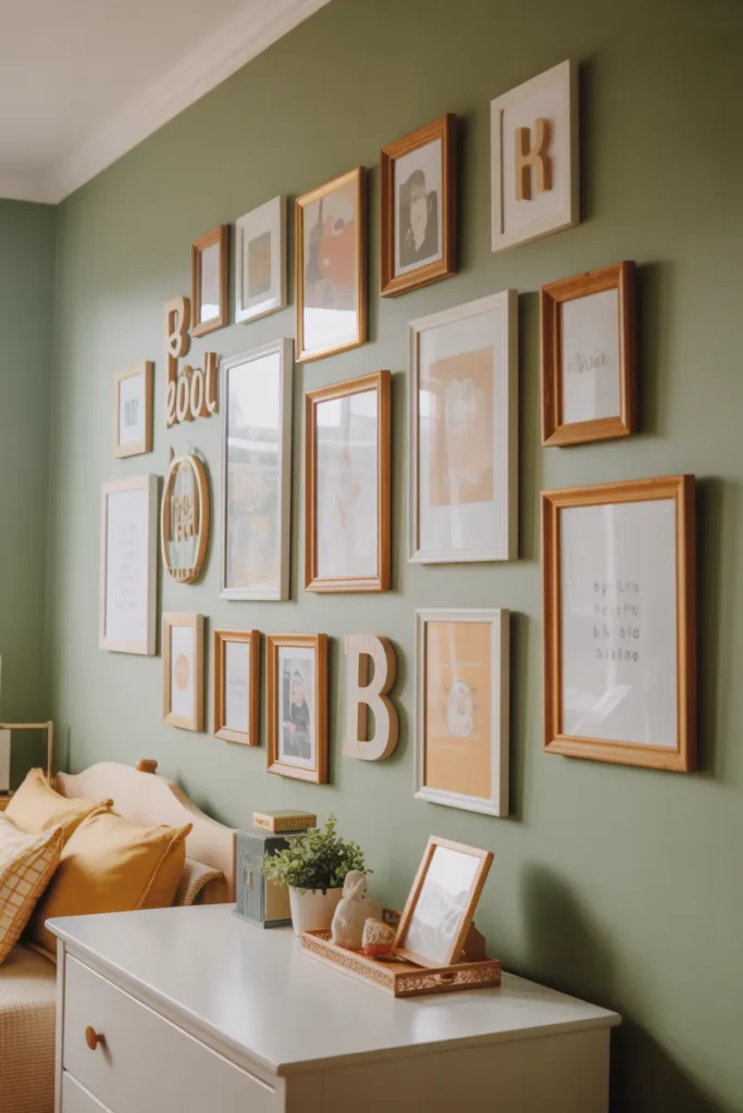 A charming kids bedroom featuring a carefully styled gallery wall with mix of framed prints, small mirrors, and wooden letters, styled in a modern eclectic interior. Warm natural daylight highlights the arrangement against a soft sage green painted wall. Color palette includes sage green, warm white, natural wood tones, and pops of mustard yellow. Thin gold and natural wood frames in various sizes create a collected and curated feel. Eye-level shot with a white dresser below styled with small plants and a decorative tray. Warm, personal, and Pinterest-worthy mood.