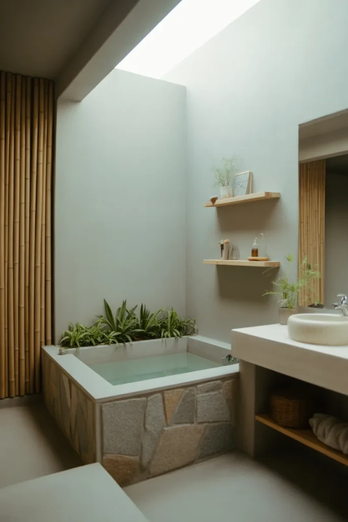 An urban Zen-inspired bathroom with a peaceful atmosphere that combines modern elements with calming natural textures. The color palette features soft greys, whites, and earth tones, with bamboo, stone, and concrete materials. A large soaking tub with a stone surround sits beside a minimalist wooden vanity. The space is accented by greenery, with small plants and natural wood shelves holding simple decor. Soft natural light filters through the space, creating a relaxing, meditative mood. The camera angle is a wide shot, focusing on the balance of natural materials and clean design.