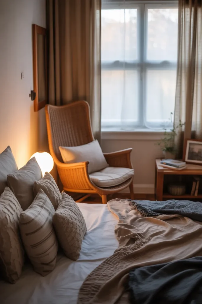 Farmhouse-style bedroom featuring a cozy window nook with soft cushions, layered throw blankets, and a woven rattan chair. Warm ambient glow from a nearby floor lamp complements natural light streaming through sheer curtains. Wooden side table with books and a small plant. Wide-angle shot capturing layered textures, soft lighting, and inviting reading corner.