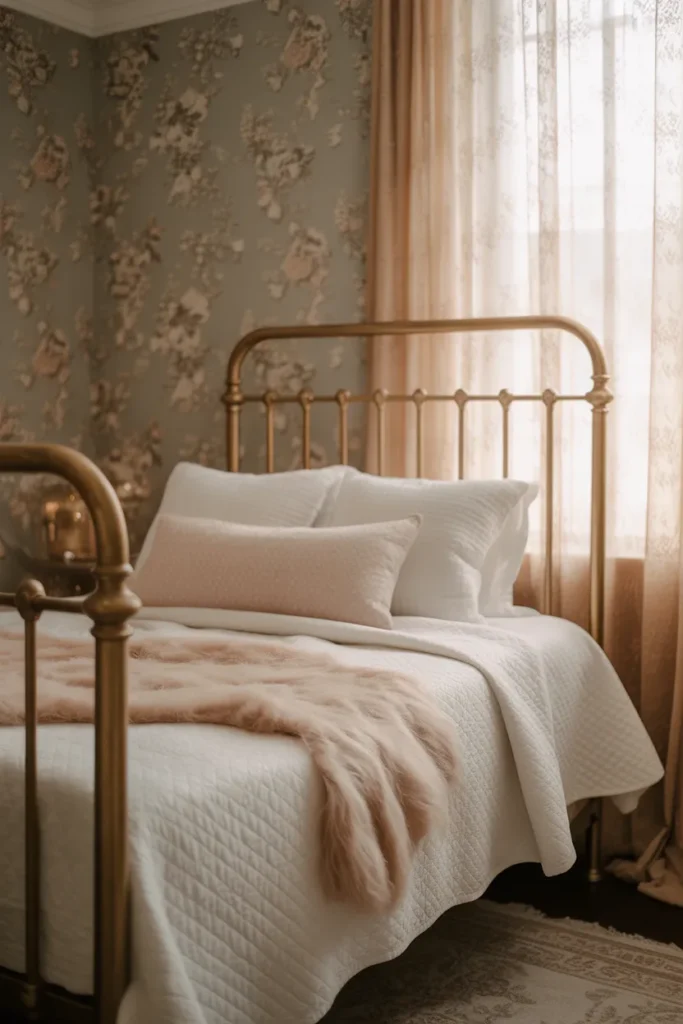 A charming, vintage-style bedroom with soft floral wallpaper in muted tones. An antique brass bed frame with tall, rounded posts is the main feature. The bed is styled with white quilted bedding and a light pink mohair throw. Soft golden hour light streams through sheer lace curtains. Nostalgic, romantic, and cozy mood with a styled eye-level camera angle.