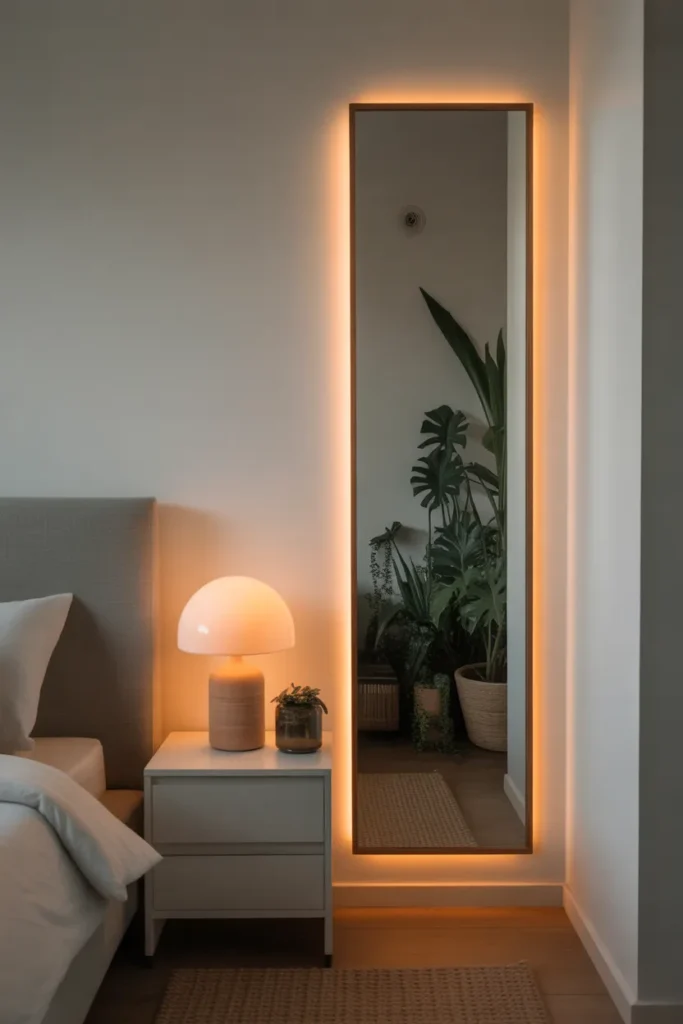 A bedroom corner with a tall vertical mirror reflecting a plant-filled corner and soft ambient lighting. The mirror amplifies natural light while creating a sense of openness.