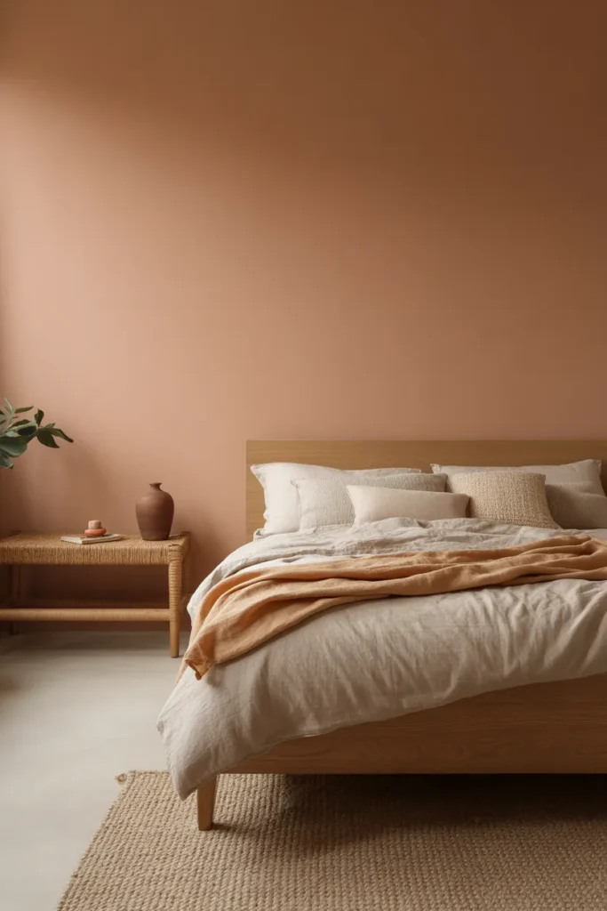 Modern boho bedroom with a terracotta accent wall, soft diffused morning light, warm neutral palette, oak wood bed frame, beige linen bedding, woven rattan bench, clay vase, leafy plant, textured wool rug, layered pillows, cozy inviting mood, wide eye-level camera angle, clean background with balanced spacing, subtle wall art, and soft fabric folds.