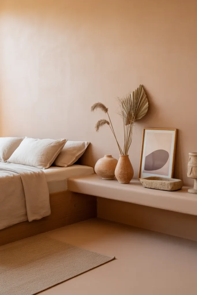 Minimalist Mediterranean bedroom with floating clay decor shelf, soft diffused afternoon light, warm beige, sand, and muted terracotta palette, limewash wall, wooden bed frame, linen bedding, handmade pottery, dried grasses, framed abstract art, stone tray, cotton rug, serene artistic mood, eye-level close wide shot with layered shelf styling and clean spacing.