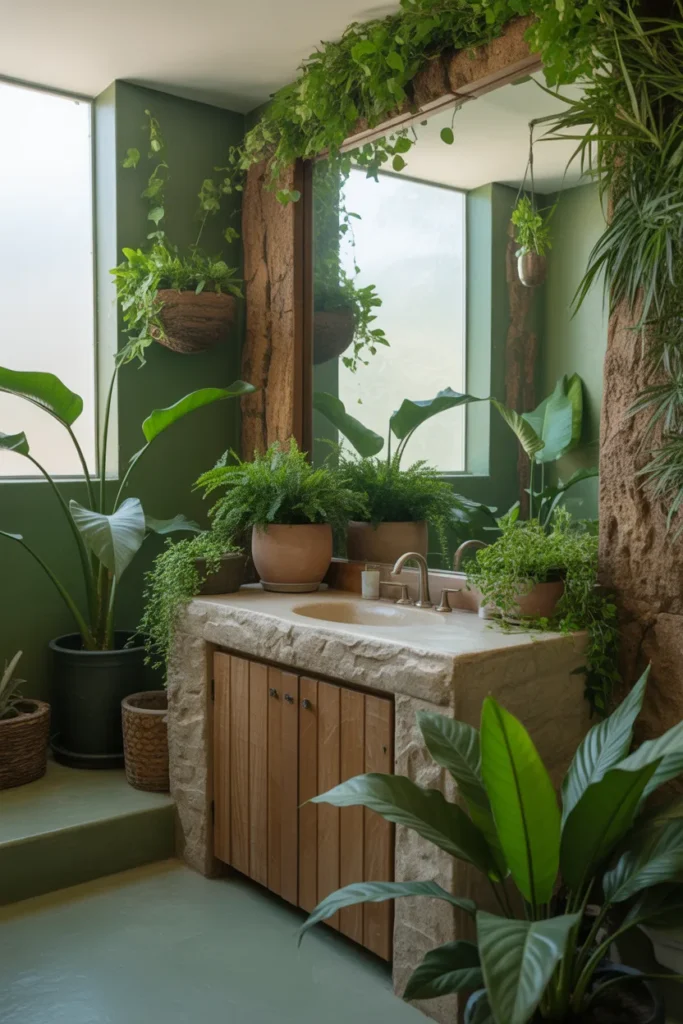 A botanical-inspired bathroom filled with lush greenery and organic textures. The color palette is earthy, featuring deep greens, browns, and soft whites, with natural materials like wood and stone. Large potted plants surround the space, adding vibrancy and life. A wooden vanity with a stone countertop complements the organic aesthetic. The soft light from a large window creates a fresh, natural ambiance. The camera angle captures the entire room, emphasizing the harmonious balance between plants, wood, and stone elements.