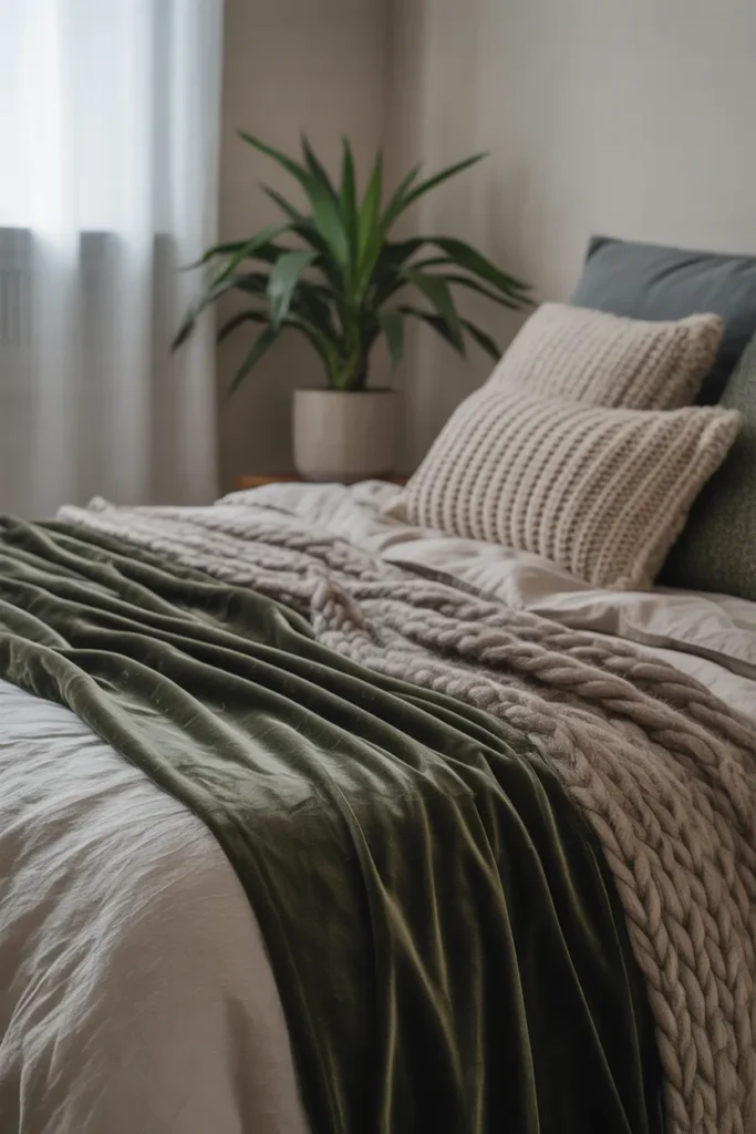 A bed layered with soft linen sheets, a velvet dark green throw, knitted pillows, and a chunky wool blanket, creating a rich, moody texture palette. A small potted plant sits on the bedside table.