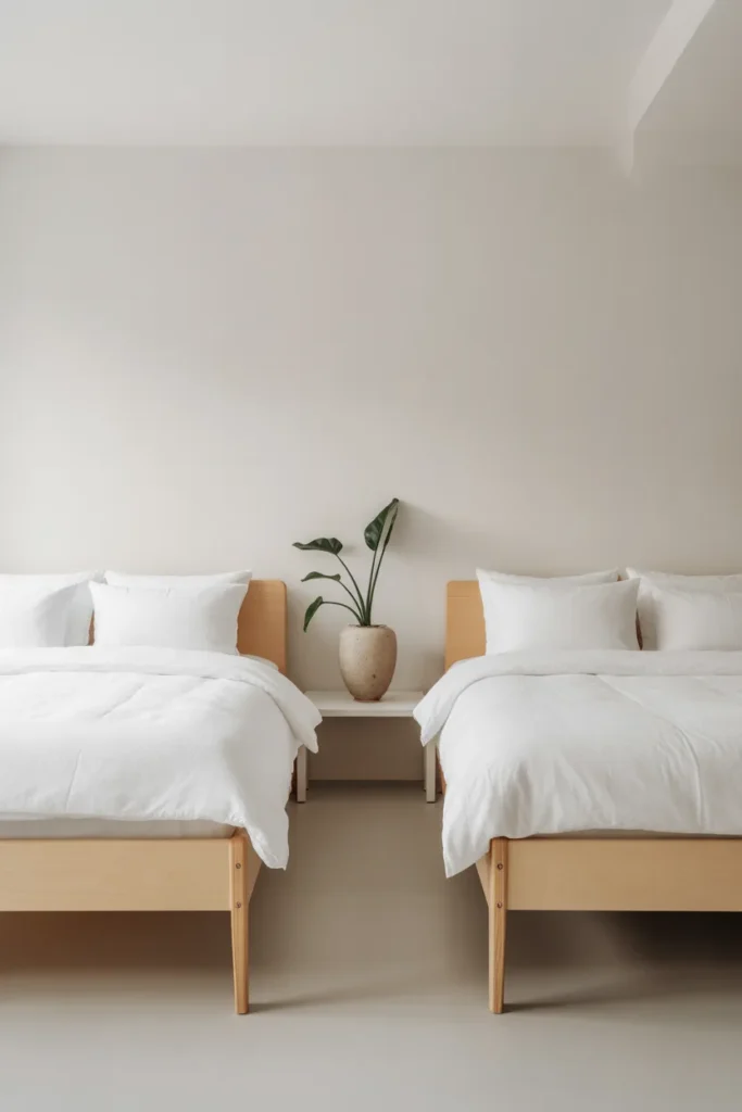 Minimalist Scandinavian twin bedroom with white walls, birch wood frames and clean surfaces creating a calm expensive look