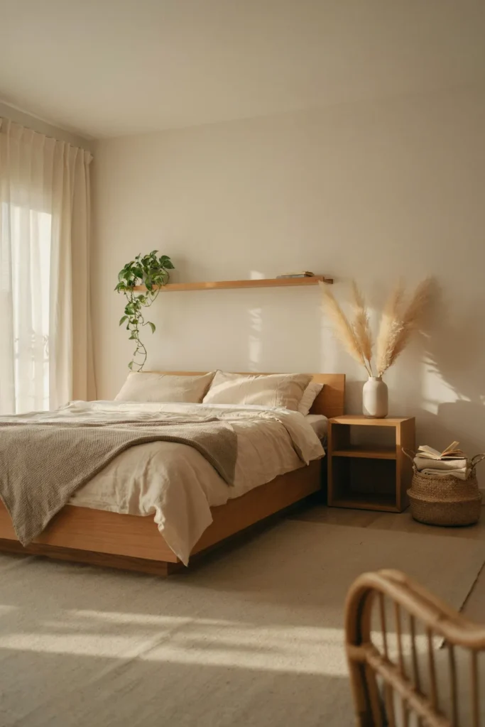 An eye-level, professional interior photography shot of a serene Japandi bedroom during the golden hour. The color palette features warm beige, soft cream, and muted taupe. A low-profile oak bed is styled with layered linen sheets and a textured waffle knit throw blanket. Soft diffused light streams through sheer curtains, casting gentle shadows across a large wool area rug. In the background, a minimalist ceramic vase holds dried pampas grass on a sleek wooden nightstand. The atmosphere is deeply relaxing, airy, and elegant. 
