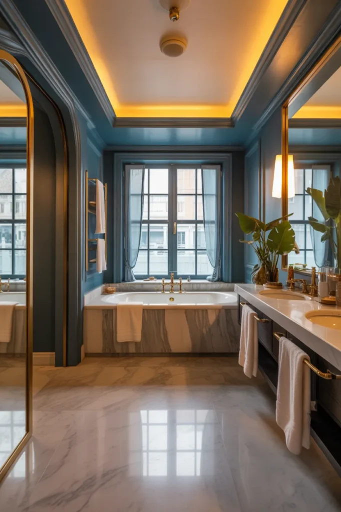 A high-end luxury bathroom with a soft, warm ambient glow coming from recessed lighting. The color palette combines deep blues and gold accents with marble flooring. The standout piece is an oversized soaking tub with a marble surround, placed beneath a large window. Gold fixtures, plush towels, and a statement mirror add to the opulent feel. The room is layered with plush rugs and a plant in the corner. The angle is eye-level, capturing the rich textures and the luxurious, relaxing vibe of the space.
