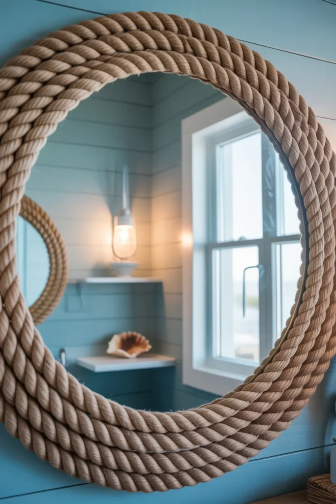  A stylish coastal vanity area featuring a large round mirror framed in thick, coiled nautical rope. Soft, warm light from a nearby window reflects off the glass, brightening the entire room. The background shows a light blue shiplap wall and a small wooden shelf with a seashell. Captured from an eye-level angle, the shot emphasizes the rough texture of the rope against the smooth, polished mirror glass.