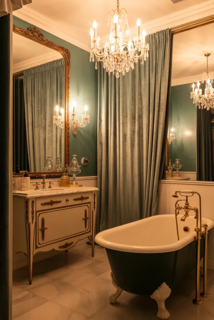 A vintage-inspired bathroom that exudes glamour with its opulent details. The color palette features rich gold, deep emerald, and soft cream tones, paired with luxurious materials like velvet, gold fixtures, and marble accents. A vintage-style vanity with intricate detailing sits under an elegant chandelier, and a clawfoot tub with gold taps serves as the focal point. The room is bathed in soft, warm ambient lighting, creating a glamorous, timeless atmosphere. The camera angle is eye-level, showcasing the vintage details and rich textures.