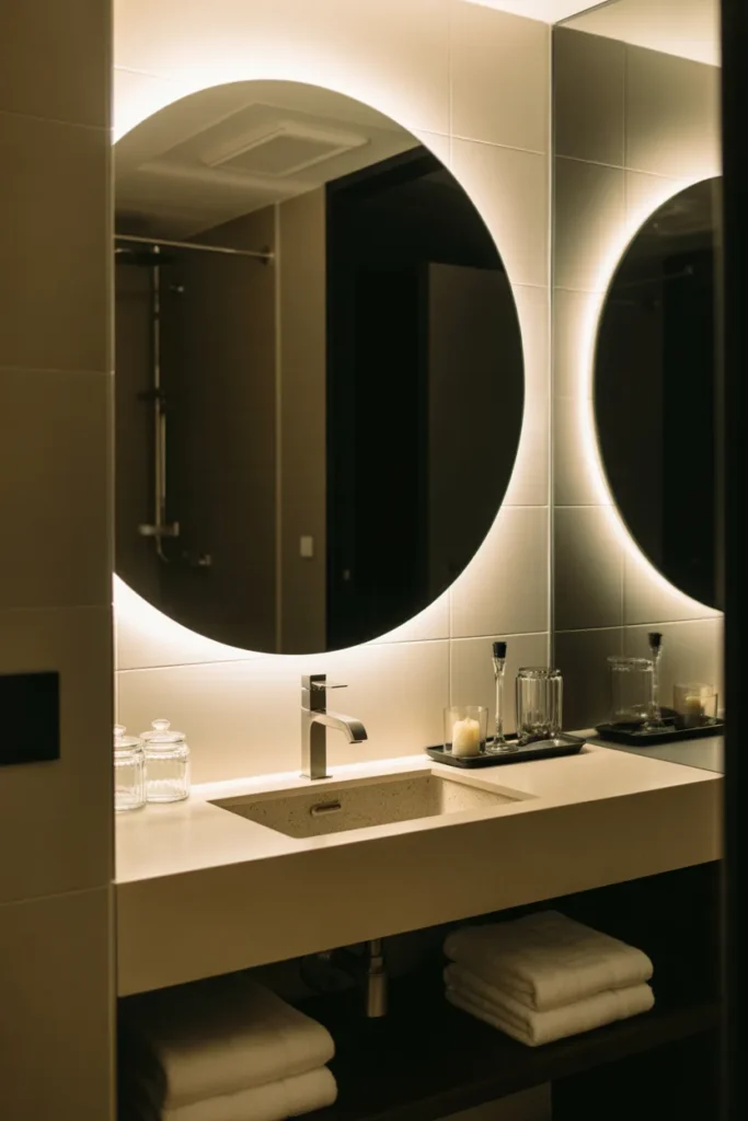 Modern hotel-style bathroom with a large backlit round mirror, soft warm LED glow, black, ivory, gray, and champagne palette, floating vanity, stone sink, brushed metal faucet, glass jars, candle tray, folded towels, sleek elegant mood, front eye-level camera angle, layered mirror reflection with clean walls and soft shadow depth throughout.