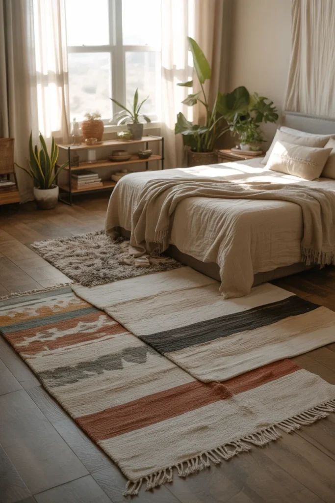 Boho-modern bedroom with layered area rugs in neutral, earthy tones on wooden floors. Natural light floods the room through sheer curtains, highlighting linen bedding, wooden side tables, and potted plants. Eye-level wide shot showing textured rugs overlapping, cozy layered corner, and stylishly curated space with depth, warmth, and Pinterest-worthy aesthetic.