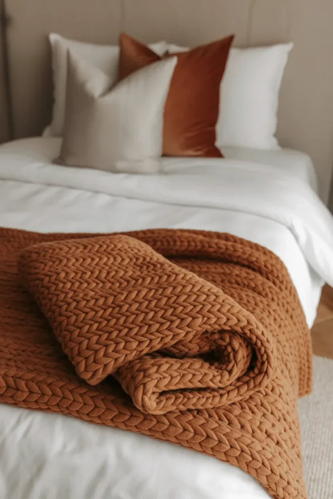 Beautifully layered twin bed with white duvet, chunky knit throw and mixed texture pillows for a boutique hotel look