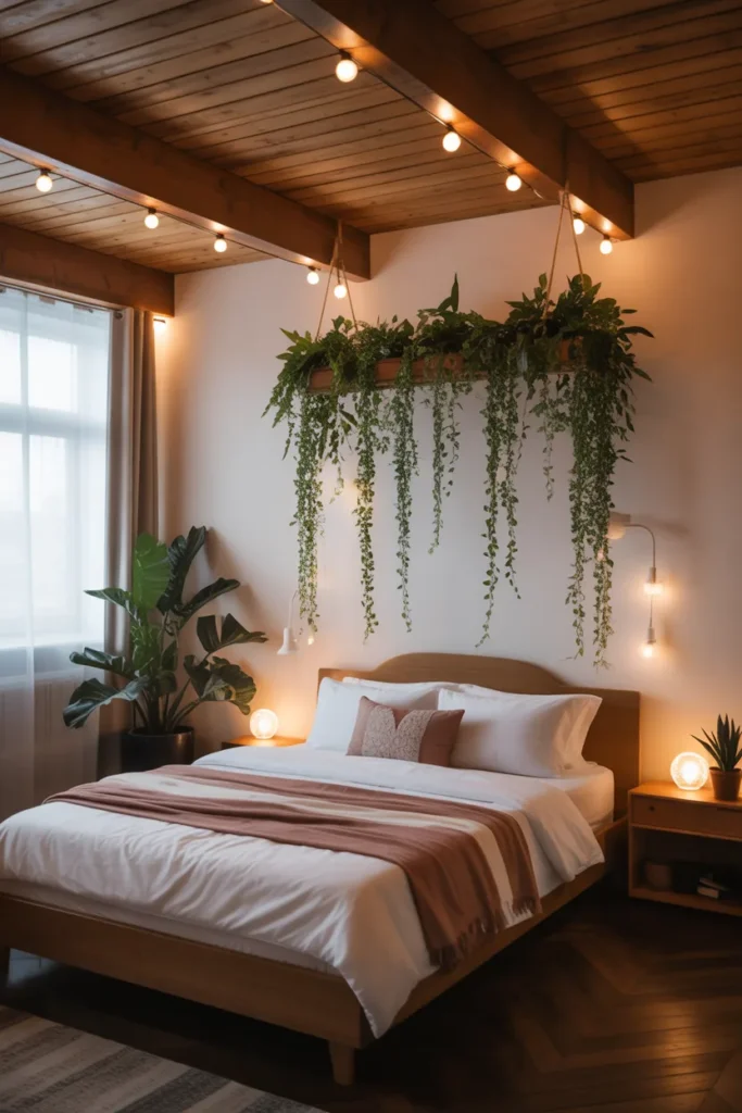 A bedroom with wooden ceiling beams, hanging plants suspended above the bed, and string lights creating a soft, moody glow. The ceiling adds vertical interest to the room.