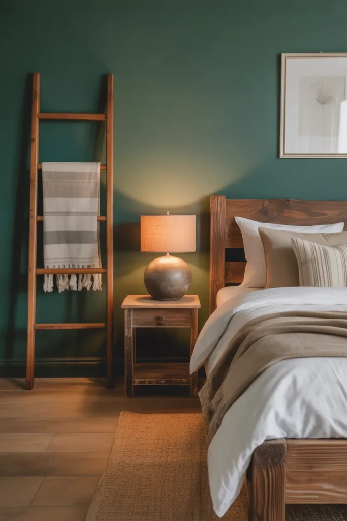 A bedroom featuring a rustic wooden bed frame, a small reclaimed wood bedside table, and a wooden ladder used as a towel or throw holder. The warm wood tones contrast beautifully with deep green walls and soft neutral bedding.