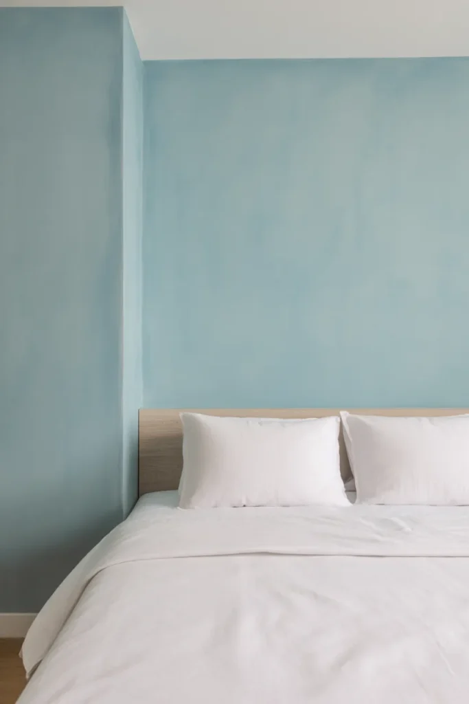 A calming, minimalist coastal bedroom featuring a single accent wall painted in a soft, dusty pastel blue. A light-colored wooden bed with white bedding sits against the wall, creating a clean and refreshing contrast. The lighting is soft and even, highlighting the smooth matte finish of the paint. Captured from a wide angle, showing a balanced and serene room layout with plenty of white space.