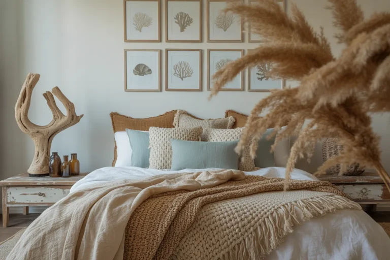A trendy boho coastal bedroom featuring a driftwood lamp and layered textures, providing visual inspiration for 24 creative beach themed bedroom ideas.