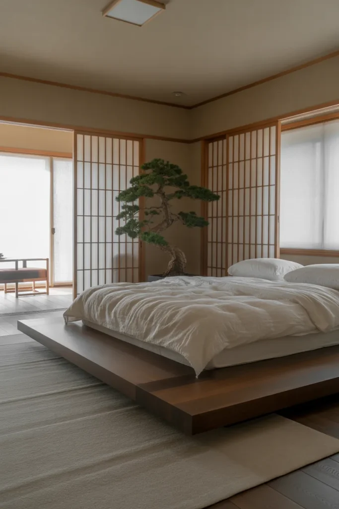  A serene Japandi-style bedroom with a focus on low-level living. A wide, dark walnut platform bed frame sits very close to the floor, extending beyond the mattress to create a built-in ledge. The room has light shoji-style sliding doors and a large bonsai tree in the corner. Soft diffused light, neutral tones, and a peaceful, grounded atmosphere in a wide-angle shot.