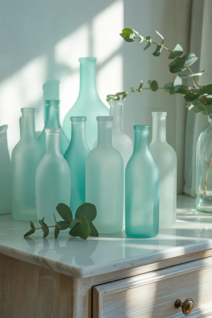 A minimalist coastal bedroom featuring a cluster of frosted sea glass bottles on a white oak dresser. Soft, diffused daylight passes through translucent shades of turquoise, mint, and seafoam green, casting colorful shadows. The palette is bright and airy with polished marble surfaces and a small sprig of eucalyptus. The mood is calm and refreshing, captured in a styled close-up shot.