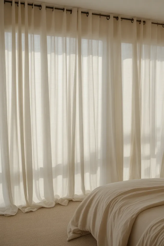 Floor-to-ceiling white linen curtains mounted near the ceiling making a twin bedroom appear taller and more grand