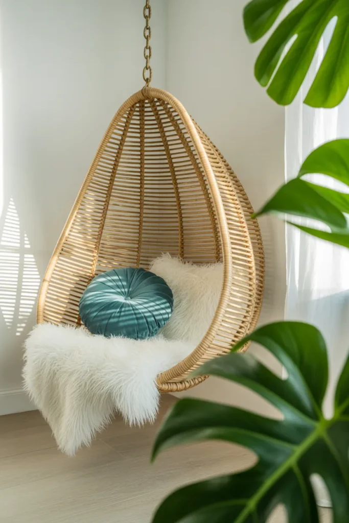 A stylish coastal bedroom corner featuring a teardrop-shaped rattan hanging chair suspended from the ceiling. Soft morning sunlight streams in, casting patterned shadows through the weave onto a light oak floor. The scene is decorated with a plush white faux-fur throw and a blue velvet pillow. The mood is playful and cozy, captured from a medium angle with lush green Monstera leaves in the foreground.