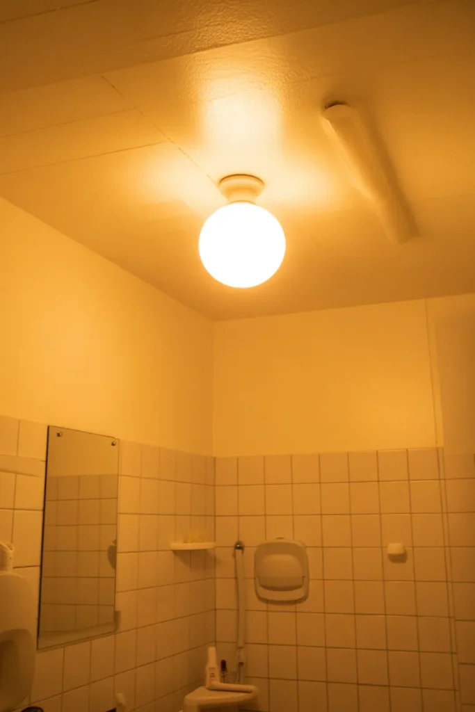 Warm white LED bulb glowing in college dorm bathroom ceiling fixture — affordable lighting upgrade idea for a cozy student bathroom atmosphere