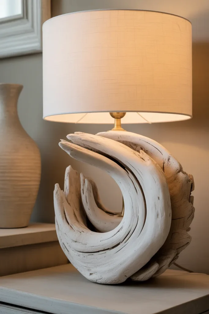 A high-end coastal nightstand featuring a unique lamp made from a large, sculptural piece of sun-bleached driftwood. A simple white linen drum shade sits on top, emitting a soft, warm ambient glow. The background is a muted sand-colored wall with a textured ceramic vase. Captured in a close-up shot that highlights the cracks, smooth edges, and realistic grain of the weathered wood.