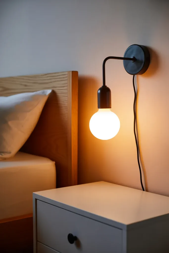Matte black wall sconce mounted beside a twin bed freeing up nightstand space and creating a clean luxury bedroom look