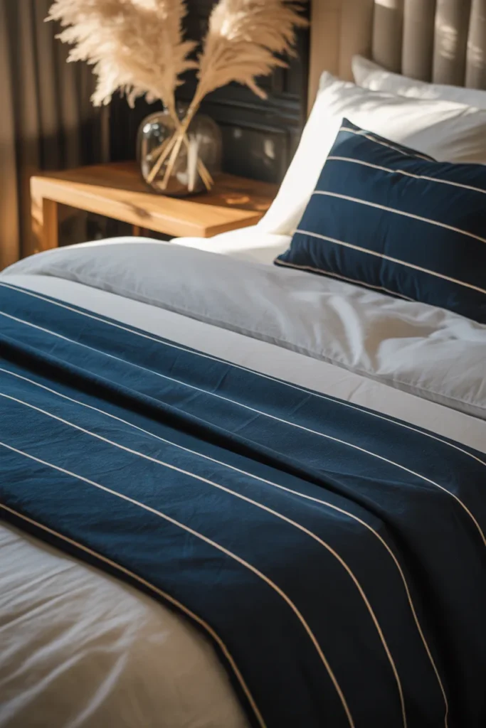 A high-end modern bedroom featuring a luxury bed with crisp white sheets and a bold navy blue striped duvet cover. Soft golden hour lighting creates a warm glow over a dark oak side table with a glass vase of pampas grass. The aesthetic is clean and preppy, using a medium shot to show layered textures of cotton, wool, and polished wood.