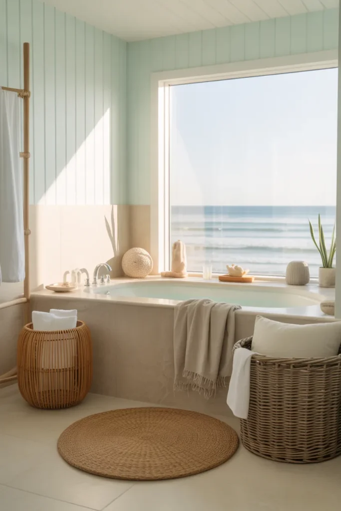 A serene coastal bathroom with soft, beach-inspired tones of seafoam green, sand, and driftwood. The room features a large soaking tub by a window with a view of the ocean, surrounded by soft textures like linen towels and rattan baskets. Natural light pours in, casting a warm, welcoming glow across the space. The decor includes minimalistic beach-themed elements such as seashells, small plants, and nautical accents. The camera angle is wide, capturing the full peaceful atmosphere with a focus on the natural beauty of the design.