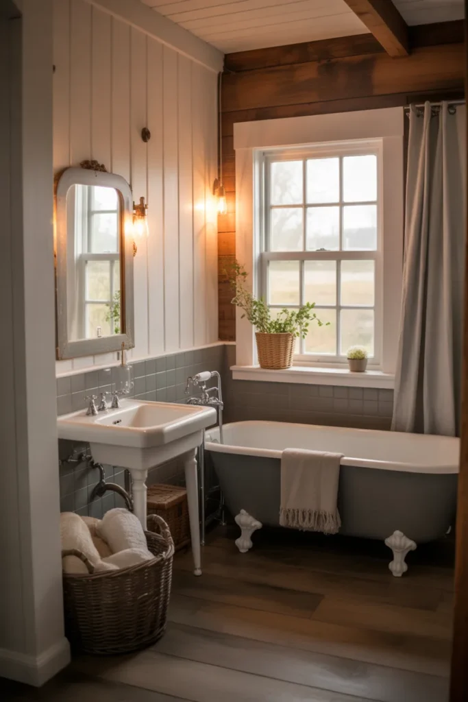 A cozy farmhouse-inspired bathroom with rustic charm and modern updates. Soft golden hour light filters through the window, illuminating the warm, earthy tones of the room. The color palette blends whites, grays, and natural wood. A clawfoot tub sits beneath a vintage-style mirror with black matte fixtures, while a woven basket holds fluffy towels. The wide shot captures the cozy, inviting atmosphere, focusing on the mixture of vintage and contemporary elements that create a timeless look.