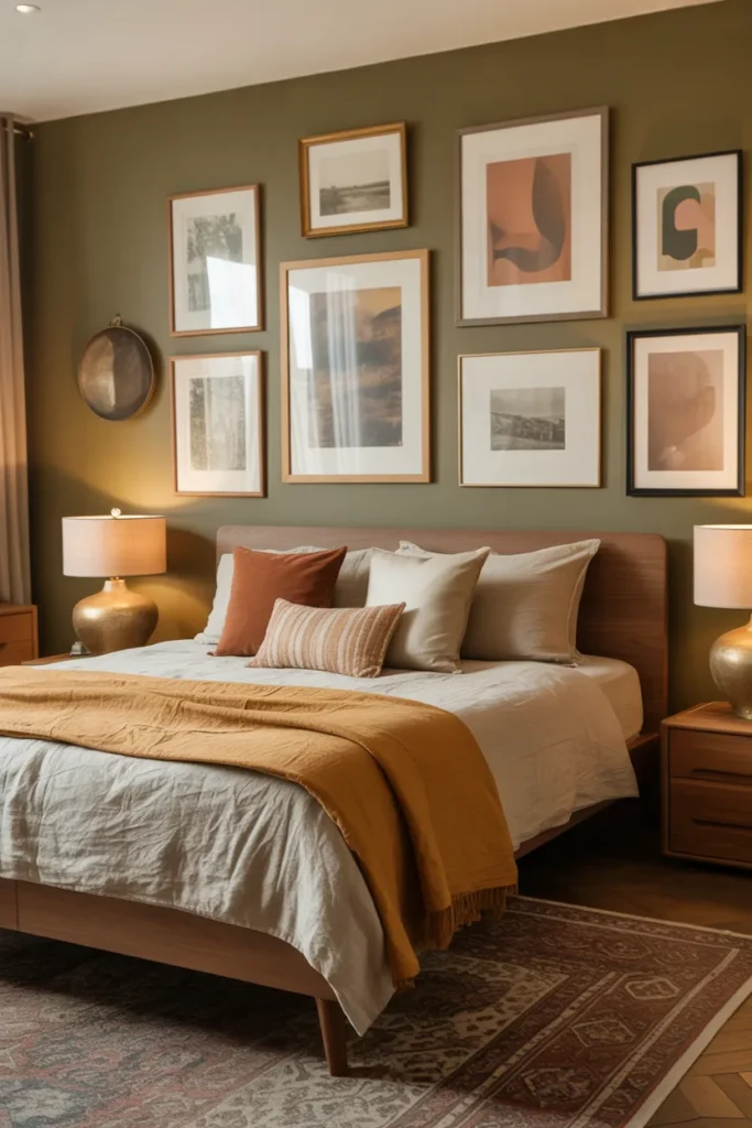 Eclectic organic bedroom with an earthy gallery wall, warm ambient afternoon light, olive, beige, rust, cream, and walnut palette, wooden bed frame, linen bedding, vintage landscape prints, abstract art, brass frames, ceramic lamps, patterned rug, inviting collected mood, wide front camera angle, layered wall arrangement above the bed with balanced spacing.