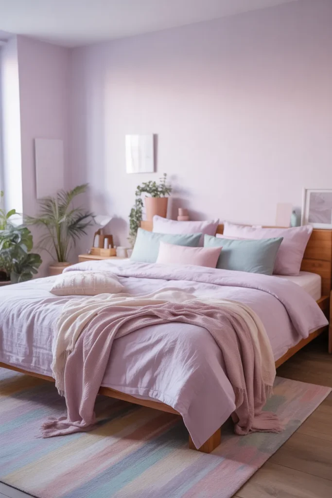 Soft pastel bedroom with muted pink, lavender, and mint tones. Natural morning light fills the room, highlighting a wooden bed frame with linen bedding, layered throw blankets, and a cozy area rug. Potted plants, minimal wall art, and small decor accents. Eye-level wide shot capturing a calm, airy, and inviting pastel-themed space with layered textures and Pinterest-ready styling.