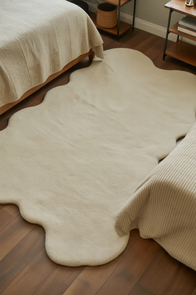 Large cream wool area rug placed between two twin beds anchoring the room and adding warmth to the bedroom