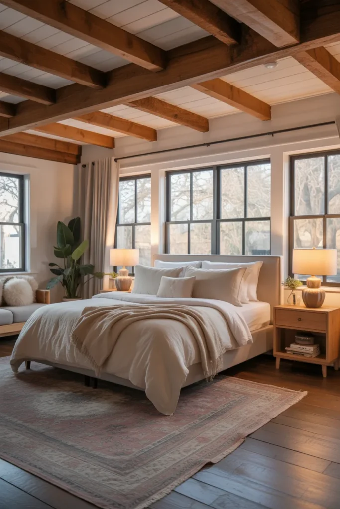 Modern farmhouse bedroom with exposed wooden ceiling beams, neutral linen bedding, layered rugs, and wooden nightstands. Warm ambient lighting complements natural daylight streaming through large windows. Eye-level wide shot capturing the texture of the beams, cozy layered textiles, potted plants, and a Pinterest-ready inviting space blending rustic charm with modern comfort.