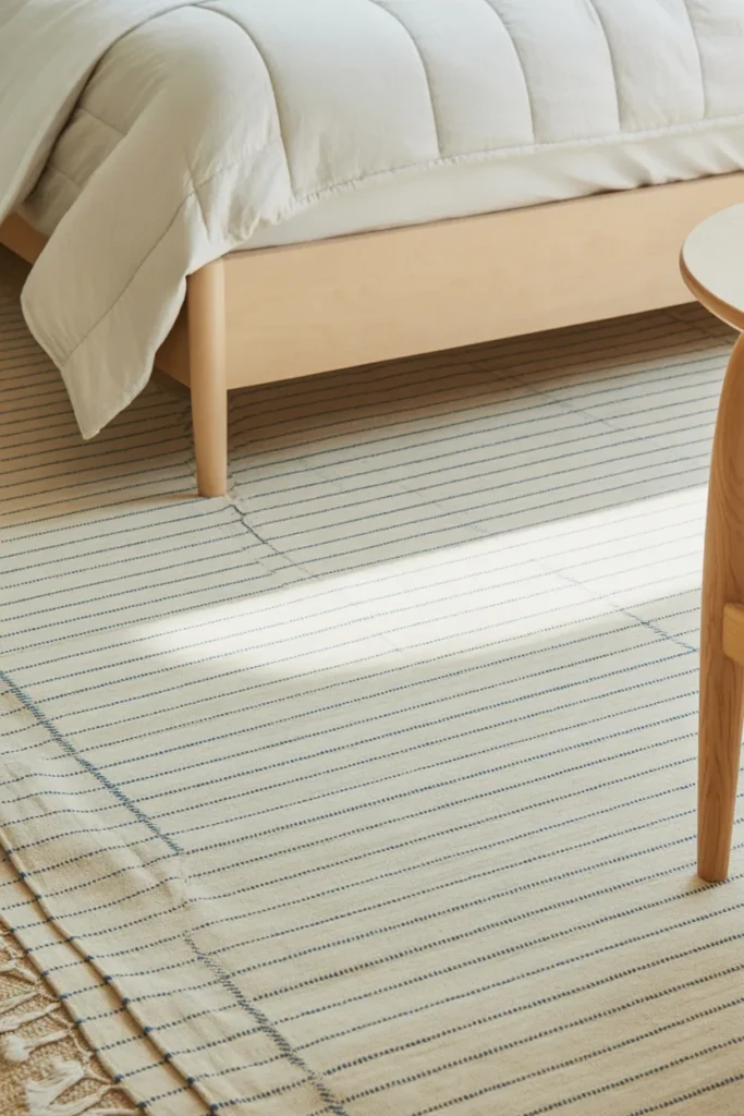 A bright and cheerful bedroom featuring a flat-weave cotton dhurrie rug with thin horizontal stripes in sand and sky blue. Bright, direct sunlight emphasizes the tight weave and the clean, crisp colors. The furniture is light-toned birch wood, and the bed has simple white quilts. Captured from a high-angle styled shot, showing the rug's placement partially tucked under the foot of the bed.