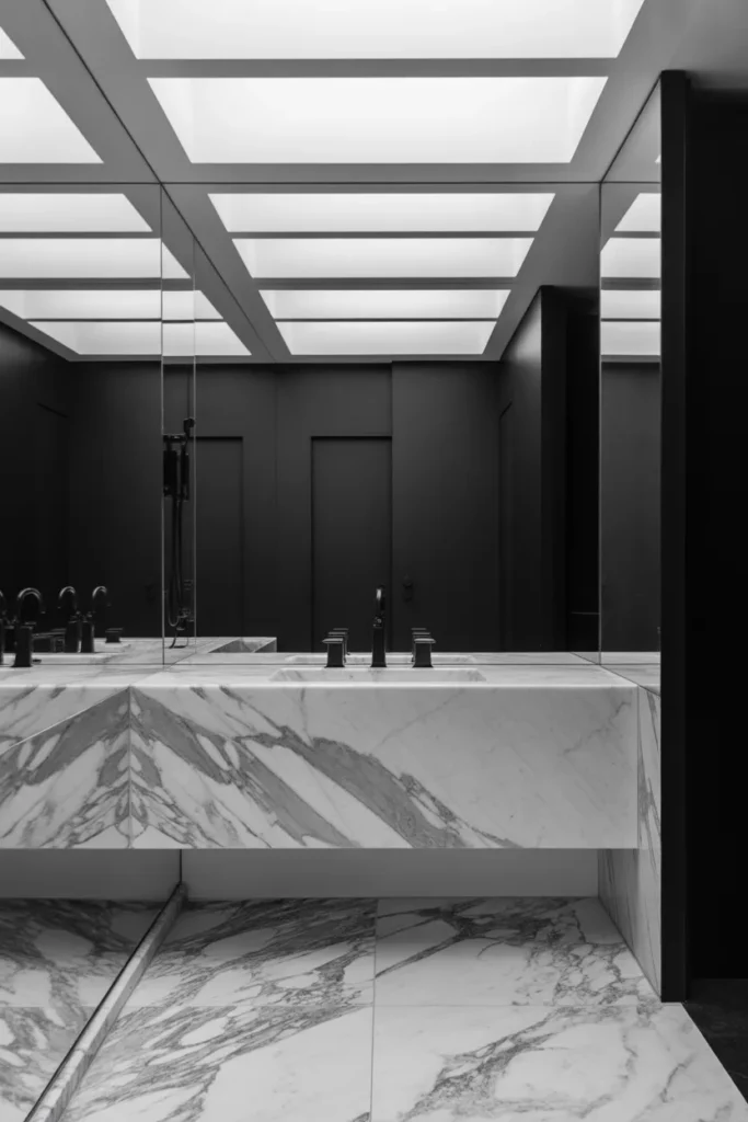 A sleek, modern bathroom with a monochrome color scheme of black, white, and shades of gray. The space is filled with luxurious marble finishes, including a statement marble countertop and sleek black fixtures. Soft diffused light casts gentle shadows across the room, highlighting the high-contrast tones. The camera angle is eye-level, focusing on the geometric balance of the layout with the clean, sharp lines of the furniture and decor.