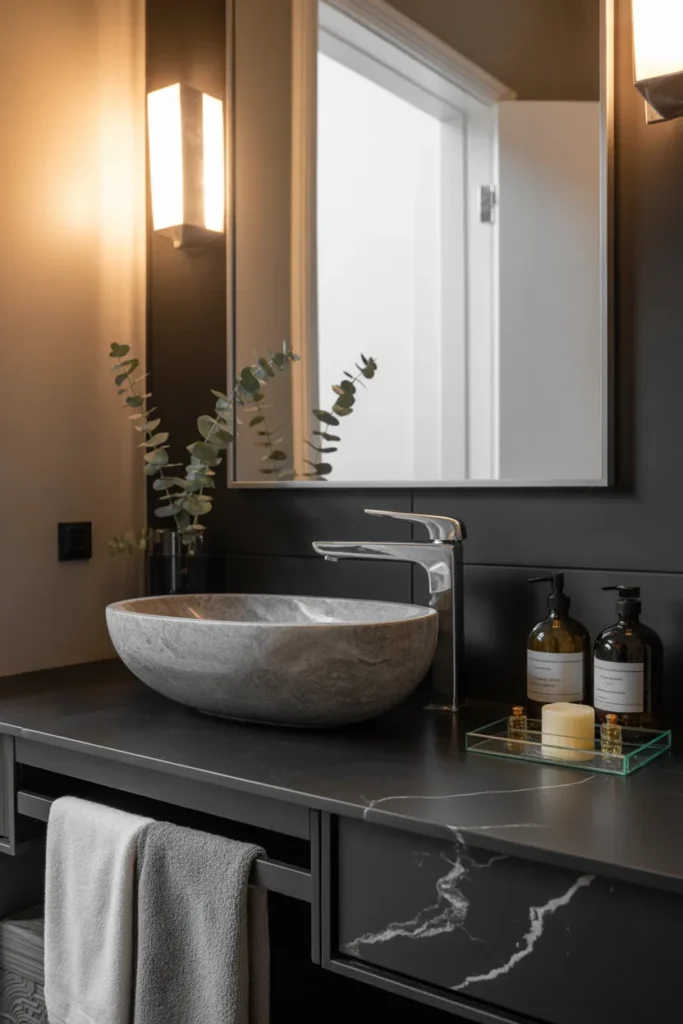 Contemporary luxury bathroom with black marble vanity, soft warm mirror glow, moody black, white, gray, and champagne palette, stone countertop, vessel sink, frameless mirror, glass soap bottle, candle tray, eucalyptus stems, plush towels, elegant hotel-like mood, wide front camera angle, layered vanity styling with realistic marble veins and clean walls.