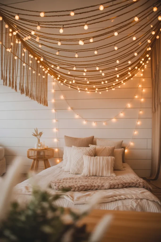 A magical kids bedroom with hundreds of warm fairy lights draped in a canopy pattern across the ceiling above the bed, styled in a modern boho interior. Soft warm amber glow from the lights creates a cozy and intimate atmosphere against a white shiplap wall. Color palette includes warm white, natural wood tones, and soft ivory. A low wooden bed below is styled with chunky knit blankets, cream linen pillows, and a small rattan side table. Wide shot with foreground soft focus plants, layered textures, and a dreamy glowing nighttime mood.